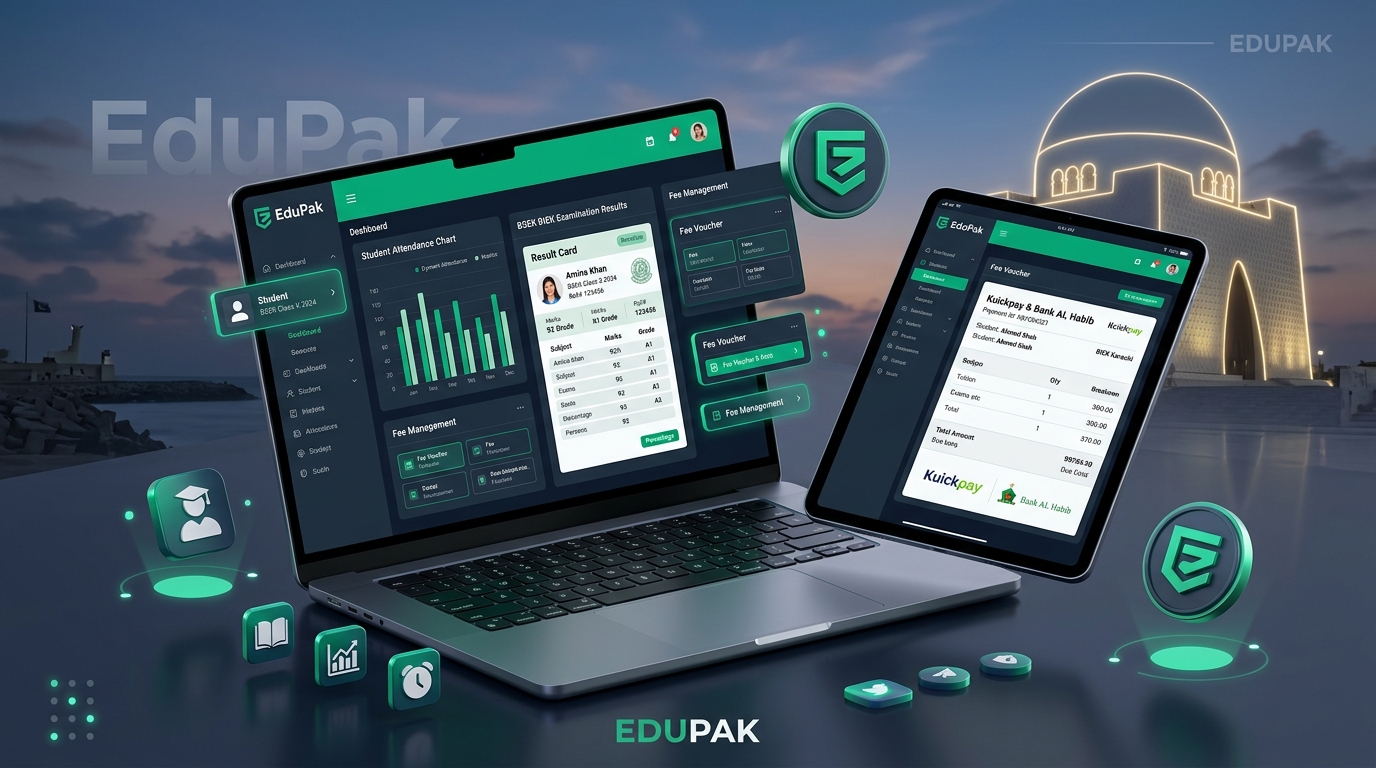 EduPak School Management Software in Karachi - 3D ERP Dashboard with BSEK Karachi Report Card, Bank AL Habib Fee Voucher and Mazar-e-Quaid Landmark