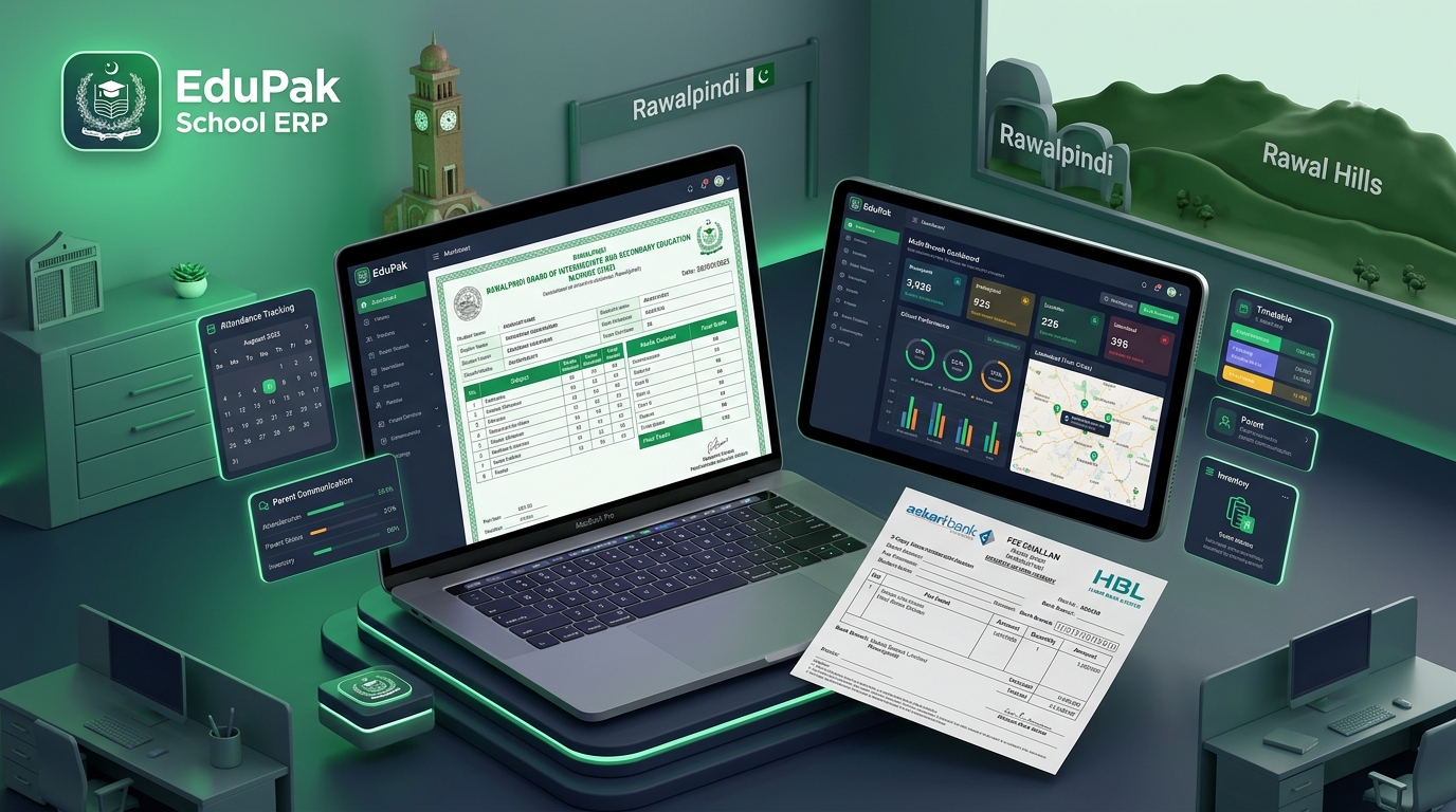 EduPak School Management Software in Rawalpindi - 3D ERP Dashboard with BISE Rawalpindi Report Card, Askari Bank and HBL Fee Challan and Twin Cities Sync